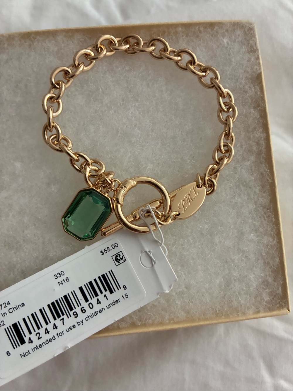 Ralph Lauren Lauren Gold Chain Bracelet with Emerald Green Crystal Charm - Picture 5 of 8